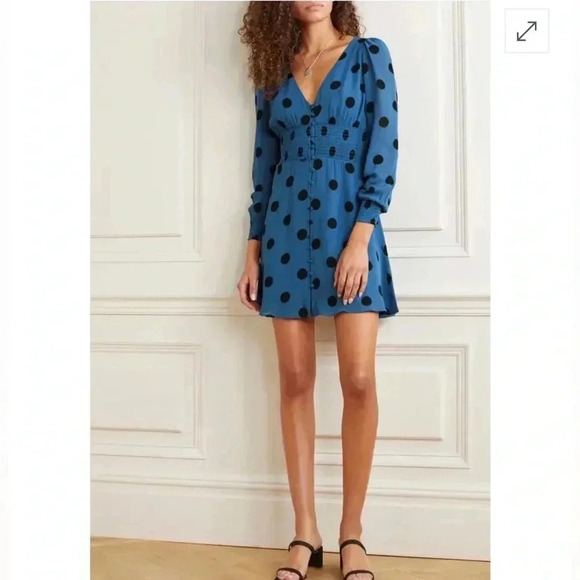 REFORMATION Womens 0 Alani Shirred Polka-Dot Georgette Mini Dress Blue - Picture 3 of 14